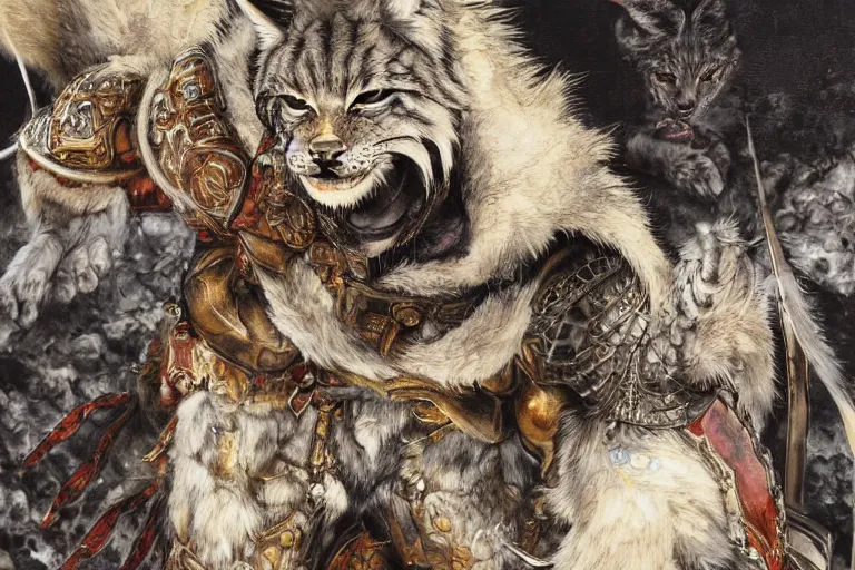 Image similar to 8k Yoshitaka Amano painting of upper body of a young cool looking lynx beast-man with white mane at a medieval market at windy day. Depth of field. He is wearing complex fantasy armors. He has huge paws. Renaissance style lighting.