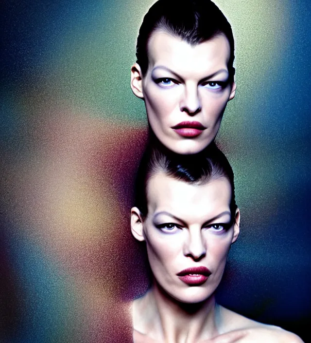 Prompt: photography facial portrait of milla jovovich,, wearing organic futurist clothed designed by iris van herpen, with a subtle colorfull - makeup. sky forest background, natural pose, highly detailed, skin grain detail, photography by paolo roversi, nick knight, helmut newton, avedon, araki