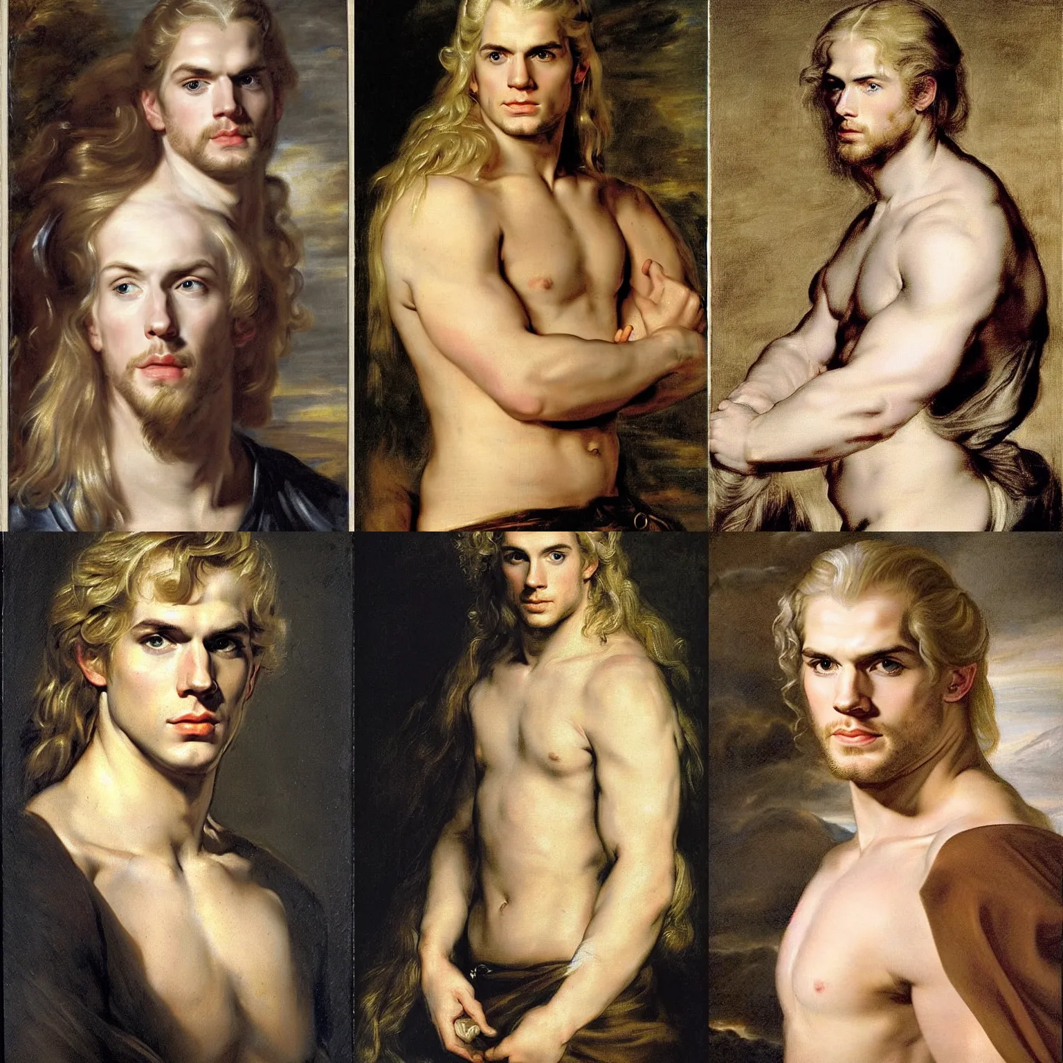 Prompt: portrait of a young pale androgynous Henry Cavill with long blond hair and side braids by peter Paul rubens, very very very very pale white skin platinum blond hair