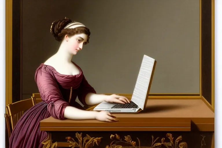 Image similar to 1 8 0 1 lady on her laptop at her desk by vittorio reggianini, georgian dress, directoire style, regency, empire silhouette, bright lighting, perfectly detailed eyes, beautiful hands, pale skin, clear face