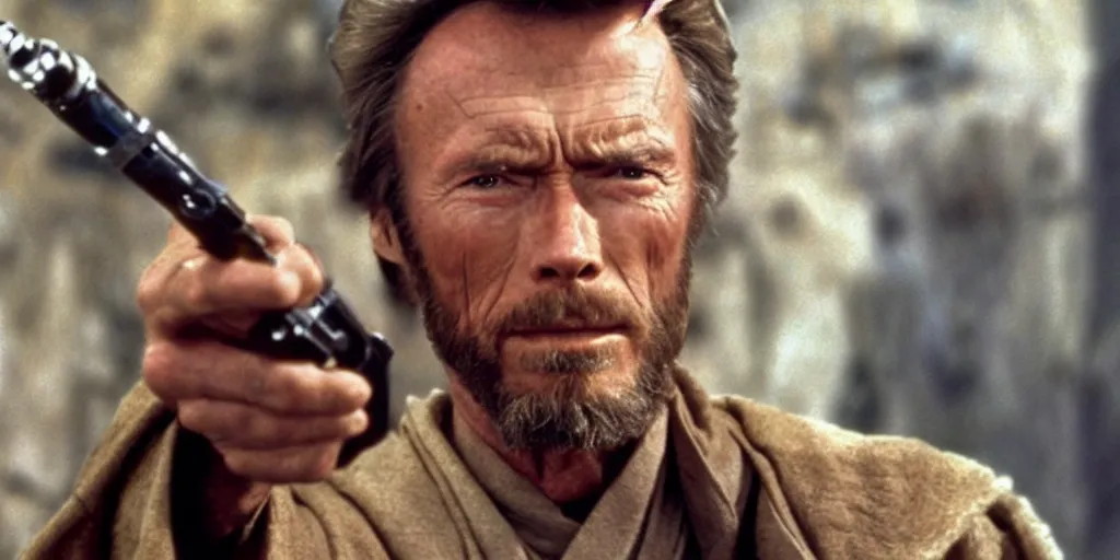Prompt: Still of Clint Eastwood as jedi master Obiwan kenobi!!!!. in Star Wars (1977). detailed eyes. medium shot, technicolor.