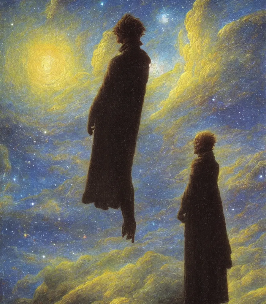 Image similar to an impasto oil painting of a futuristic wanderer gazing into a the universe painted by caspar david friedrich, light colors, starts, galaxy, impressionism