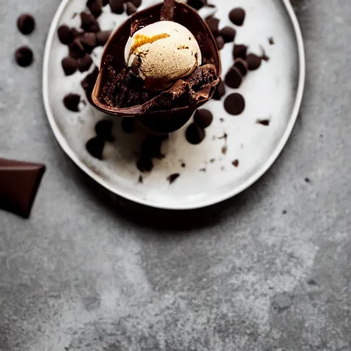 Prompt: high resolution photo of melted chocolate chip with ice cream, michelin star, very tasty, food photography, instagram, trending