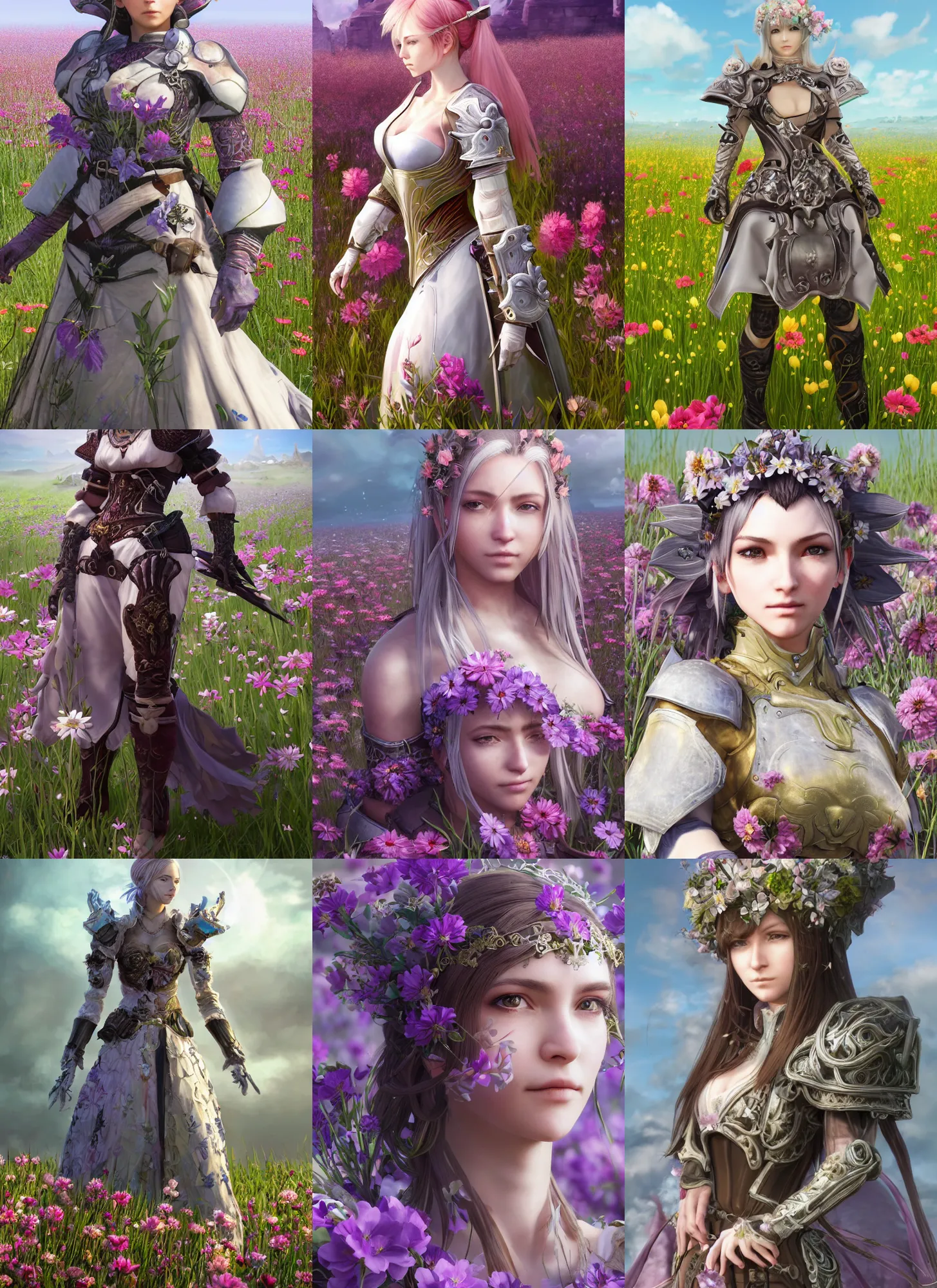 Prompt: character portrait of a woman standing in a field of flowers wearing full plate armor, in the style of final fantasy xiv, a realistically proportioned face, photorealistic eyes, good value control, smooth, realistic shading, realistic face details, illustration, substance painter, very highly detailed