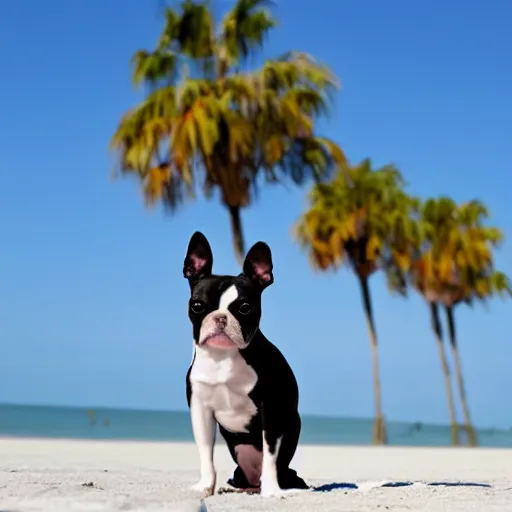 Prompt: Boston Terrier sitting on a beach on a sunny day, sky is blue, palm trees are on the beach