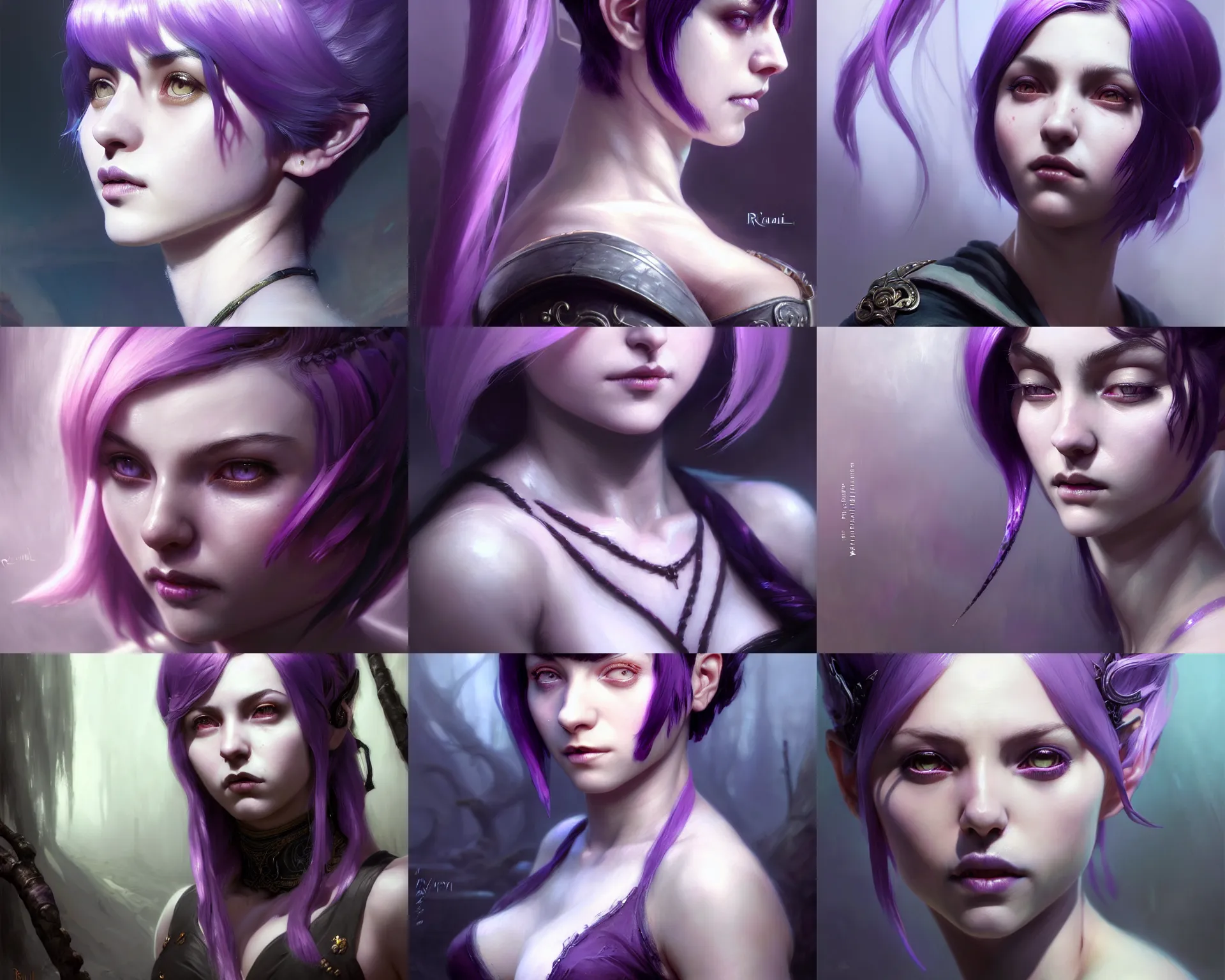 Prompt: highly detailed portrait of lili perani, in skyrim, pixie undercut hairstyle, black to purple fade hair color, unreal engine, fantasy art, intricate, sharp focus, illustration, highly detailed, digital painting, concept art, matte, art by ruan jia and wlop and greg rutkowski and loish and makoto shinkai, radiant light, detailed and intricate environment