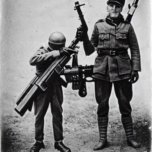 Image similar to old wartime photograph of the despicable me minion holding a lewis gun, 1 9 1 7