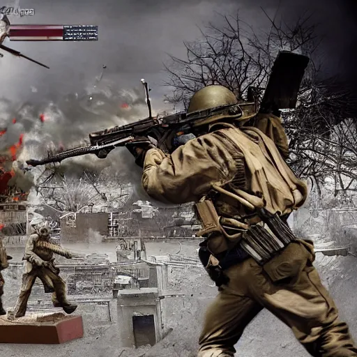 Image similar to The war between the Soviet Union and America, the action takes place in New York, far away against the background of the Statue of Liberty, a lot of soldiers and military equipment, a lot of explosions and tracer bullets, a lot of ruins, a very epic battle, The style of photography of the 80s, very detailed and detailed style