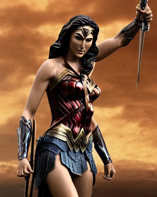 Prompt: a huge bronze statue of gal gadot ’ s wonder woman holding her spear and shield, fantasy landscape, photorealistic, atmospheric