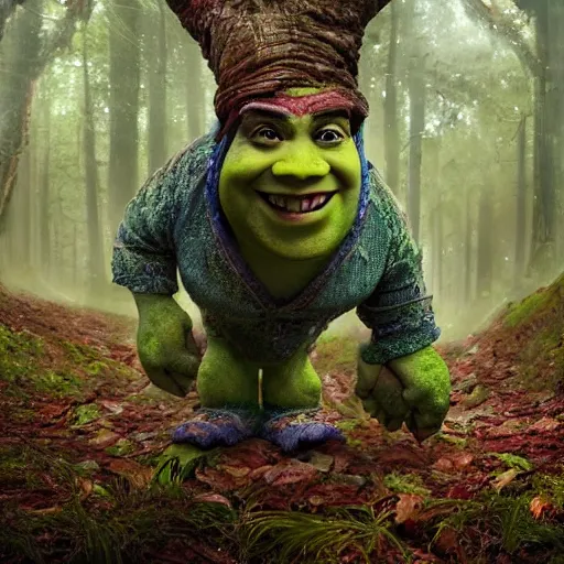 Image similar to Very very very very highly detailed epic central composition photo of Mr Bean as shrek face in the forest, intricate, extremely detailed, digital painting, smooth, sharp focus, illustration, happy lighting, incredible art by Brooke Shaden, artstation, concept art, Octane render in Maya and Houdini