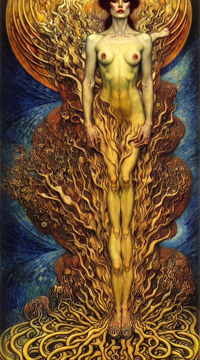 Image similar to Divine Chaos Engine by Karol Bak, Jean Delville, William Blake, Gustav Klimt, and Vincent Van Gogh, symbolist, visionary