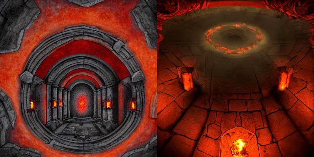 Prompt: Doom Chamber, stonework, dark, dark stone floor, round room, large room, black and red, flaming torches, flat floor, primeval fantasy, fantasy art, chamber