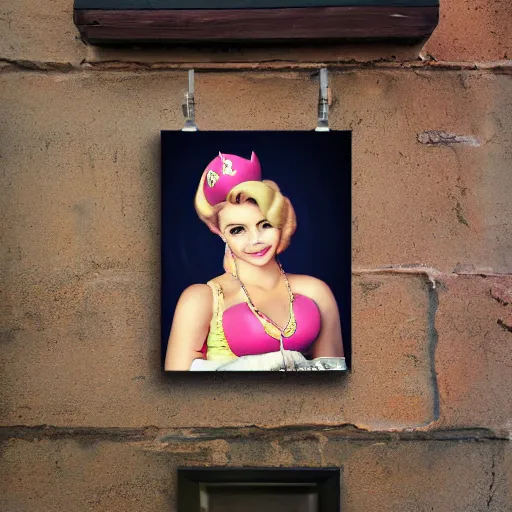 Prompt: poster of princess peach hanging on a wooden wall, realistic photo