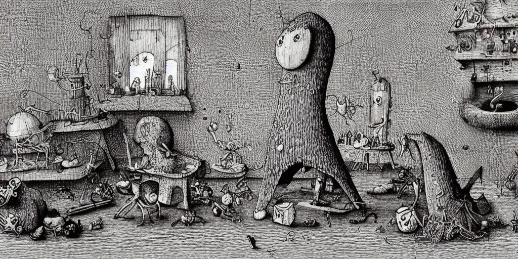 Prompt: “SpongeBob by Hieronymous Bosch and Edward Gorey, 8k, highly detailed, trending on artstation”