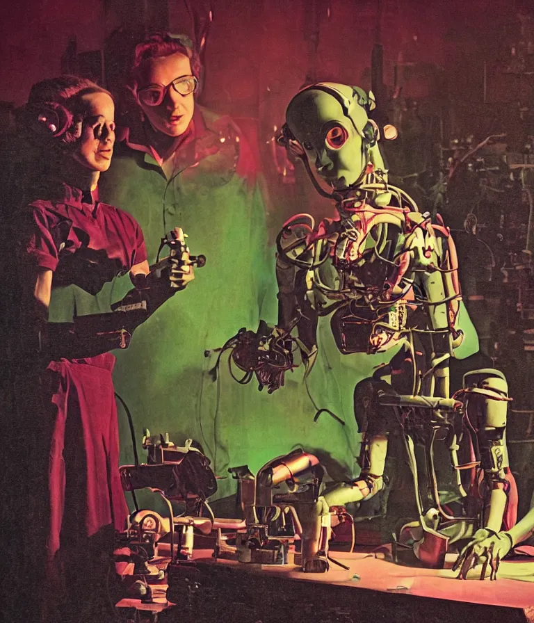 Prompt: a female mad scientist building a humanoid robot man, in a darkly lit laboratory room, 1 9 5 0 s horror film movie poster style, ( norman rockwell oil painting ), medium shot, close - up shot, retro science fiction, vintage, saturated pink and green lighting, shadowy lighting, cohesive