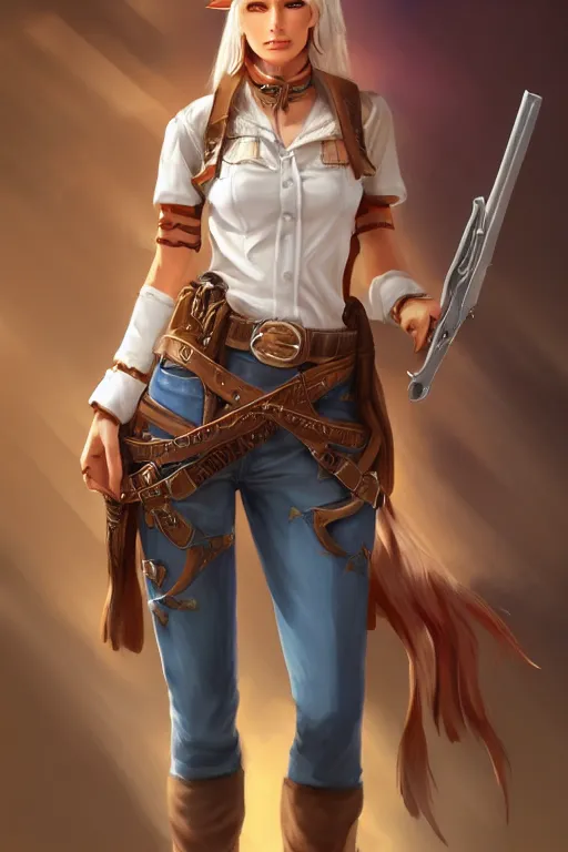 Image similar to full body, female cowgirl, perfect face, white blouse, long rifle, 8 k, magic the gathering, desert, d & d, artstation