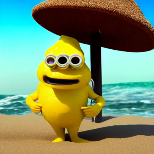 Prompt: 3 d octane render of an anthropomorphic lemon character, with lemon skin texture, it is wearing a hat and scuba diving suit, it's seen building a sandcastle on the beach at sunset, beach, huge waves, sun, clouds, long violet and green trees, rim light, cinematic photography, professional, sand, san dcastle, volumetric lightening