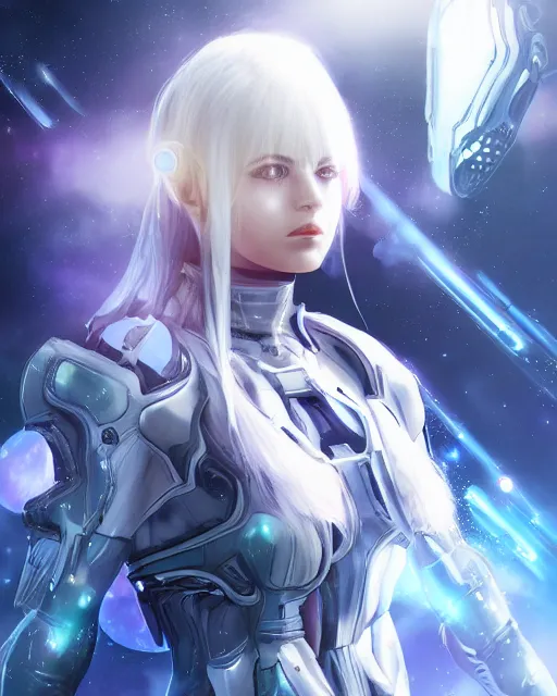 Image similar to photo of a android girl on a space ship, warframe armor, beautiful face, scifi, nebula reflections, futuristic background, dreamy, long white hair, blue android eyes, glowing, 8 k high definition, insanely detailed, intricate, innocent, art by akihiko yoshida, antilous chao, li zixin, woo kim