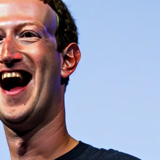 Prompt: extremely zoomed-in photo of sad Mark Zuckerberg with a big smile waving