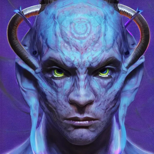 Image similar to blue djinn, horror, male, horns, 3rd eye, by Maciej Kuciara and Jason Chan, ominous, cosmic horror, trending on artstation, Ultra detailed, hyper realistic