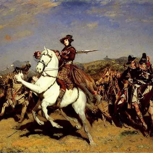 Image similar to action heroine leading an army, by alfred stevens