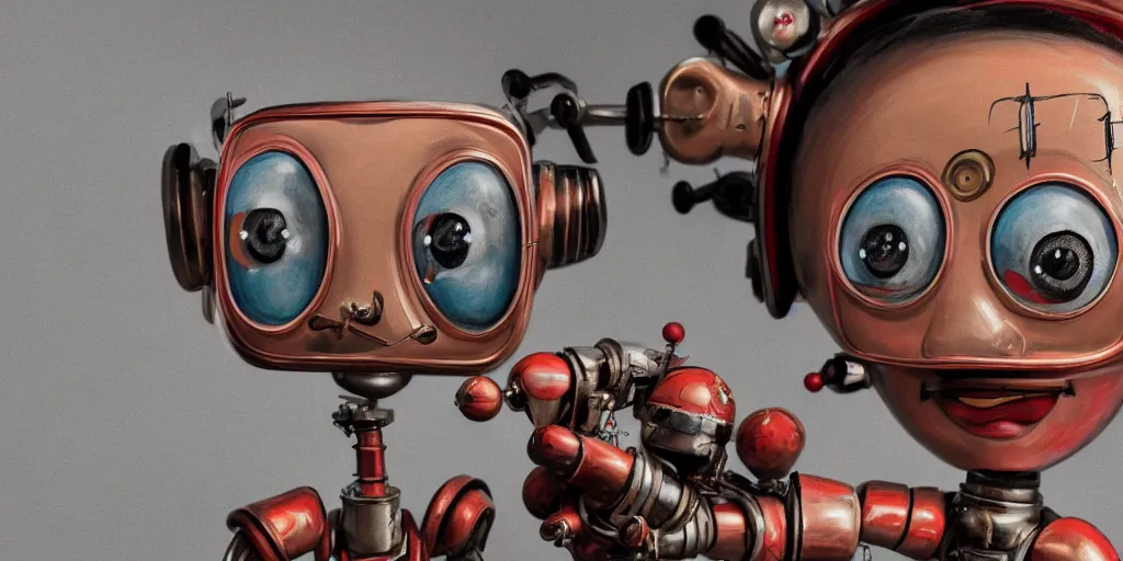 Prompt: closeup portrait of tin toy retro robot artist drawing sketch in a workshop, depth of field, zeiss lens, detailed, centered, fashion photoshoot, by nicoletta ceccoli, mark ryden, lostfish, breathtaking, 8 k resolution, extremely detailed, beautiful, establishing shot, artistic, hyperrealistic, octane render