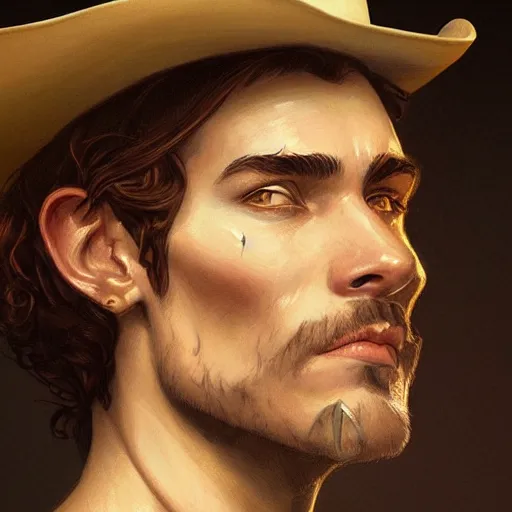 Image similar to portrait of a cowboy, elegant, intricate, headshot, D&D, fantasy, highly detailed, digital painting, artstation, concept art, sharp focus, illustration, art by artgerm and greg rutkowski and alphonse mucha