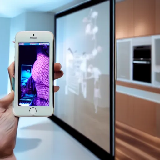 Prompt: inside of a smart home with human holding an iphone realistic detailed photo