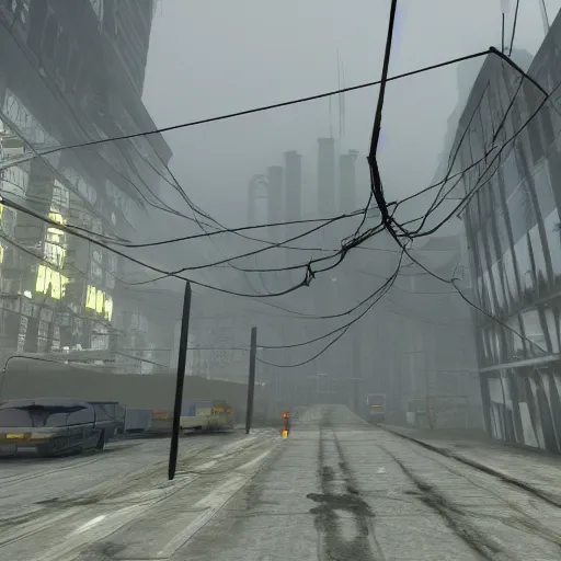 Prompt: a photo from the bottom of half life 2's combine citadel, with the wires hanging from the buildings towards the citadel, in a lightly foggy day