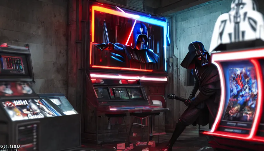 Prompt: concept art of role - playing games darth vader playing an arcade machine. macro. unreal engine 5. octane render. vray. arnold. maya. 1 8 mm lens. gopro, low angle, wide lens. trending on artstation. depth of field. colorful. d & d. centered image.