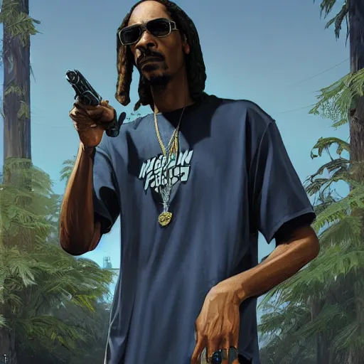 Image similar to Snoop Dog loading screen for Grand Theft Auto 5, intricate, highly detailed, digital painting, artstation, concept art, sharp focus, illustration, art by greg rutkowski and alphonse mucha