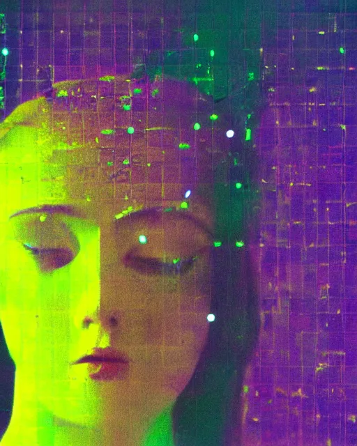 Prompt: robotic woman's face, blank expression, violet and yellow and green lighting, polaroid photo, atmospheric, whimsical and psychedelic, grainy, expired film, super glitched, corrupted file, blobs