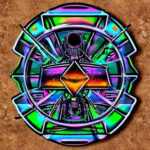Image similar to sticker of a rock band, name is tripmachine, on the sticker is a 3 d render of a huge futuristic steampunk machine, 8 k, fluorescent colors, halluzinogenic, multicolored, exaggerated detailed, silk screen art