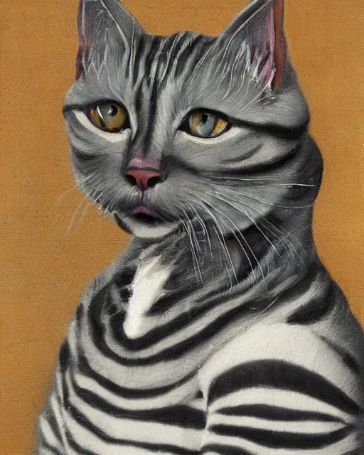 Image similar to an ornamental painting of a grey short haired cat with black stripes, portrait, in the style of John Coulthart, hyper detailed, maximalist