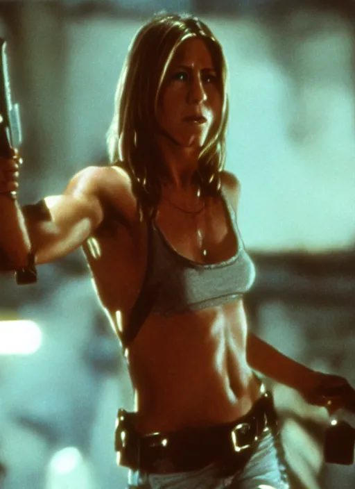 Prompt: film still of Jennifer Aniston as John McClane in Die Hard, 4k