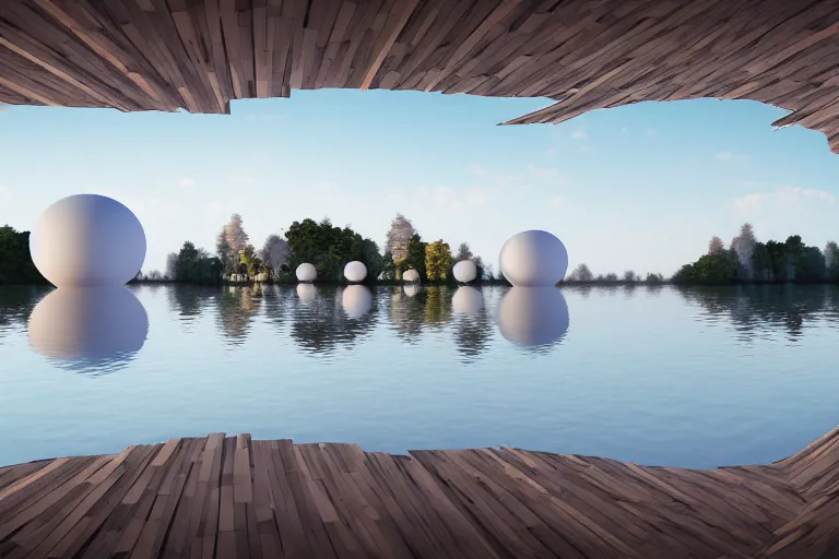 Image similar to many white round spherical buildings are crowded and combined to form a building on the calm lake, by pierre bernard, on the calm lake, people's perspective, future, interior wood, dusk, unreal engine highly rendered, global illumination, radial light, internal environment