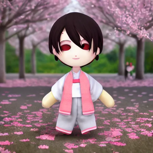 Prompt: cute fumo plush of a boy in the middle of a cherry blossom grove in bloom, kimono, particle simulation, vray