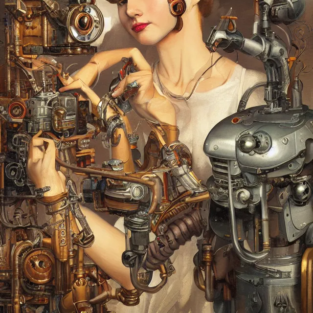 Prompt: robot artist painting a self - portrait on a canvas. intricate, highly detailed, digital matte painting, in the style of alexandros pyromallis, and in the style of sachin teng, and in the style of hans thoma, and in the style of gil elvgren. irony, recursion, inspiration, steampunk.