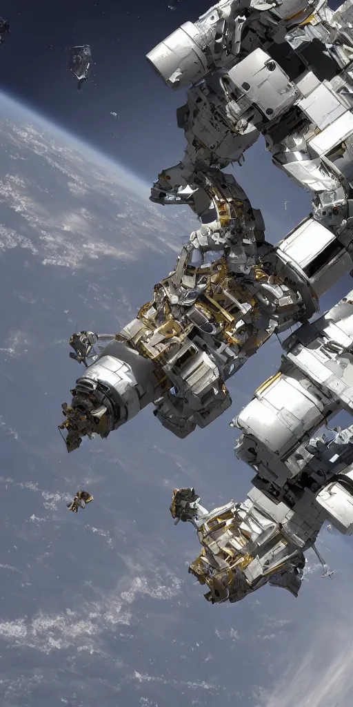 Image similar to concept art, robot stretching out mechanical arm to recover debris in space, octane rendering, unreal engine.