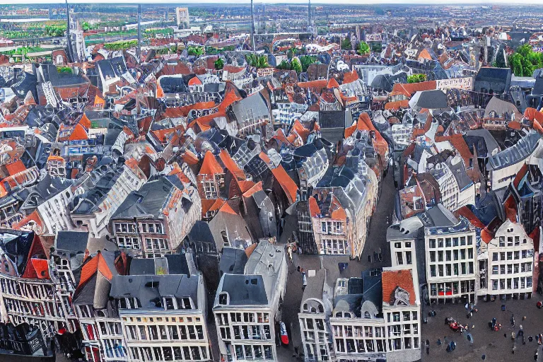 Image similar to drone view of gent belgium, hyperrealism painting, wide angle, very detailed, high resolution