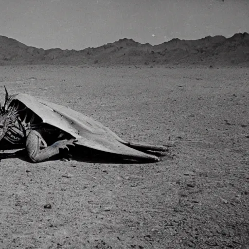 Prompt: A crashed dragon on the desert ground. 1940s photograph.
