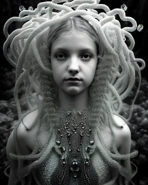 Image similar to surreal mythical dreamy underwater artistic black and white photo of a translucent beautiful young female angelic - medusa - vegetal - cyborg - doll covered with fish scales, highly detailed, intricate crystal ivy jelly fish scales ornate, poetic, translucent algae ornate, digital art, octane render, 8 k artistic photography, photo - realistic, by diane arbus in the style of gustave dore