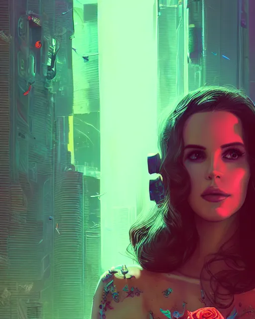 Image similar to portrait of lana del rey as a cyberpunk cyborg. sci - fi intricate abstract upper body intricate artwork, roses, rose petals by tooth wu, wlop, beeple, dan mumford. concept art, octane render, trending on artstation, greg rutkowski, asymmetrical, cinematic arthouse, key art, hyper realism, iridescent accents