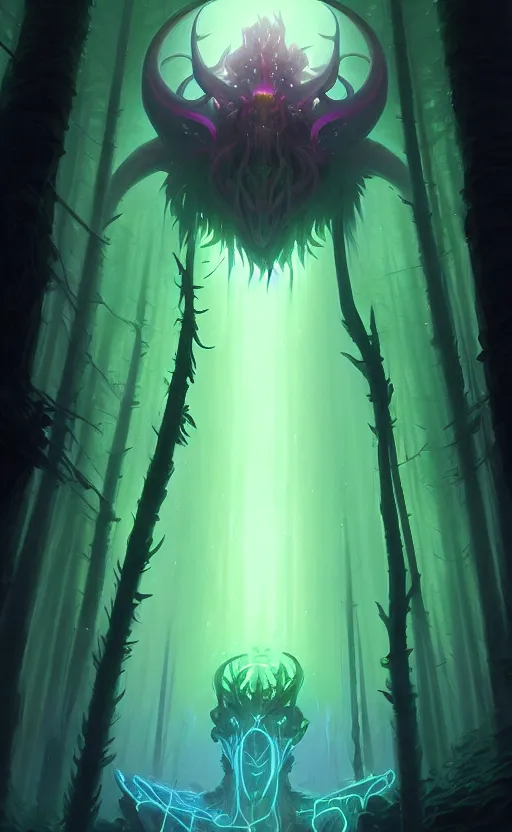 Image similar to Portrait of Eldritch God in neon forest, digital art from artstation by Andreas Rocha and Greg Rutkowski and Peter Mohrbacher