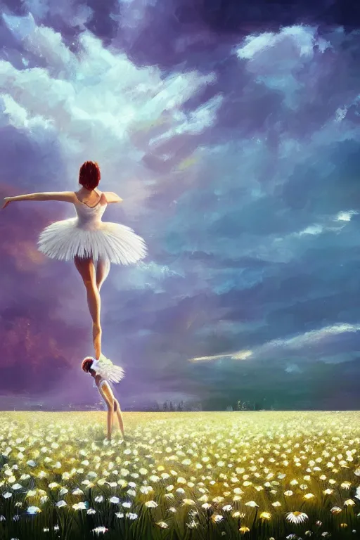 Prompt: giant white daisies flower as head, girl ballet dancing in a flower field, surreal photography, sunrise, dramatic light, impressionist painting, colorful clouds, digital painting, artstation, simon stalenhag