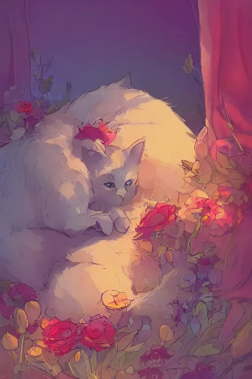 Image similar to a digital art of a cat sleeping in the room with flowers around in the afternoon, the sun shines in, storybook art, watercolor, detailed, cute, by anton fadeev, featured on artstation