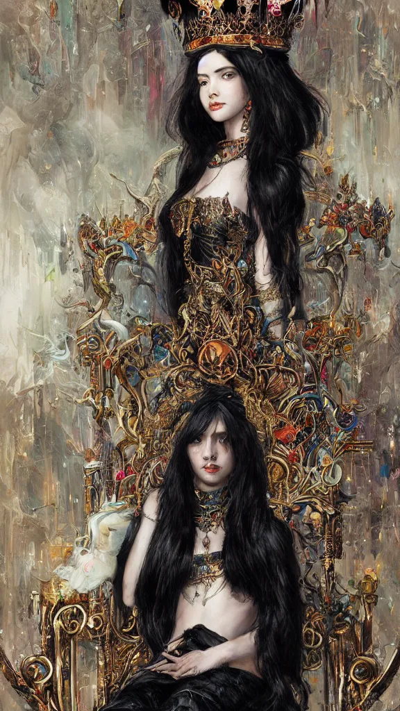 Image similar to painting of a beautiful black haired woman with pale skin and a crown on her head sitted on an intricate metal throne, illustration, artistic, colorful, hyper detailed, in the style of greg rutkowski,