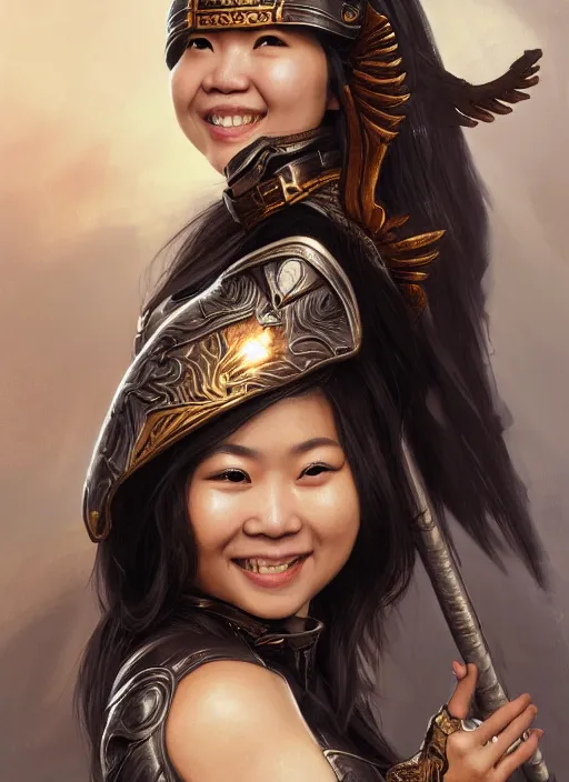 Image similar to Close-up portrait of smiling young asian woman wearing a black armor with skulls and a winged helmet and, holding a magic staff, portrait, fireball, highly detailed, digital painting, artstation, concept art, sharp focus, illustration, art by artgerm and greg rutkowski and alphonse mucha