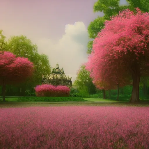 Image similar to 8k, octane render, realism, tonalism, renaissance, rococo, baroque, empty renaissance park, pink flowers, chaotic gold leaf flowers