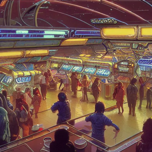 Image similar to food court at a crowded space station, michael whelan, cyberpunk, retrofuture, illustration